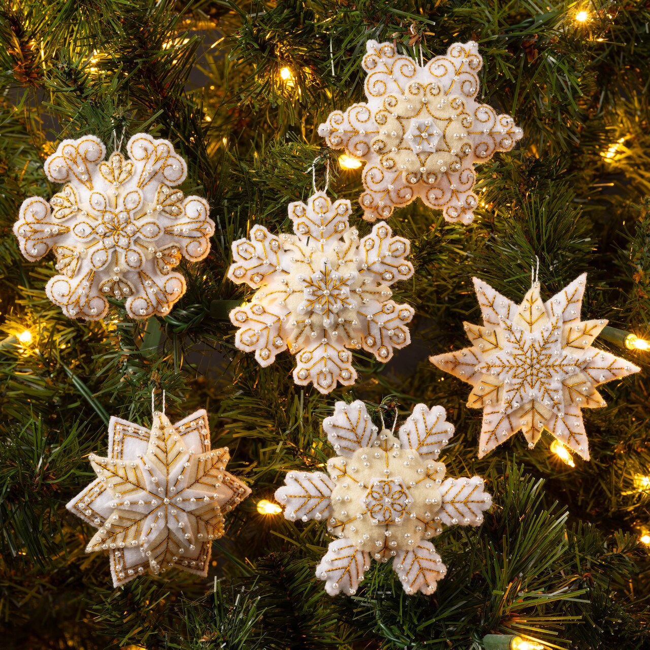 Bucilla Ornaments Felt Applique Kit Set Of 6-Pearl Snowflakes 4.25"X4"